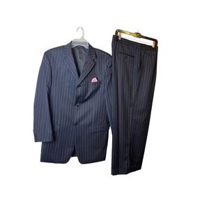 Mantoni Mens 3 Piece Suit 42L Black Pinstripe Super 140s Virgin Wool Milan Italy